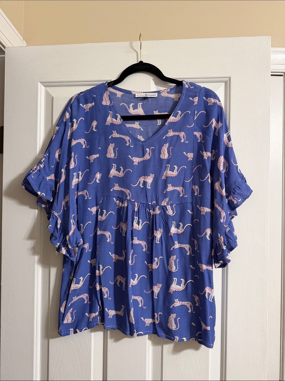 Michelle McDowell Blue Leopard Animal Print Short Sleeve Ruffle Blouse Large